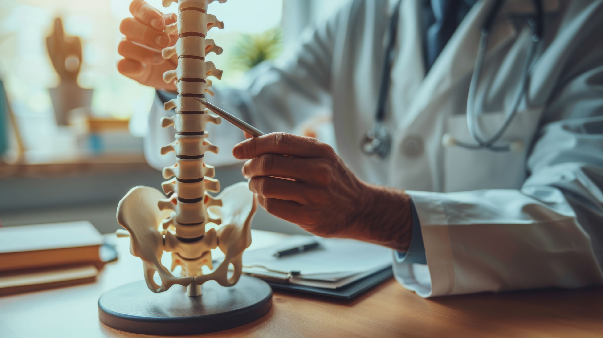 Closeup no face medical male doctor pointing on human spine model with a pen sitting in his office. Spinal healthcare and back pain treatment concept. Selective focus, copy space